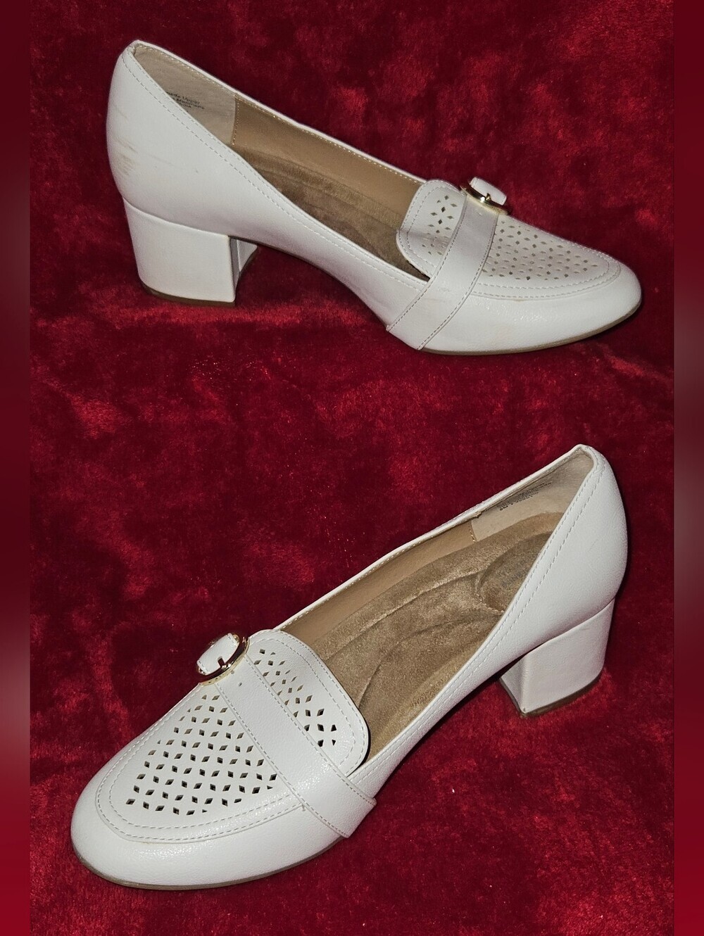 Giani Bernini White Perforated Low Block Heel Loafers w/Buckle Accents - Size 8M